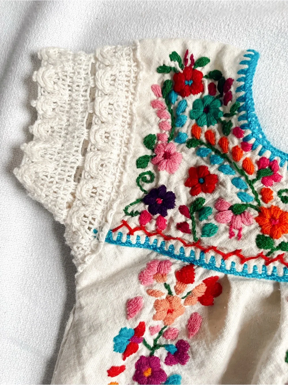 VINTAGE Dress Skirt Mexican Hand Embroidered Folk Art Cotton Top Handmade